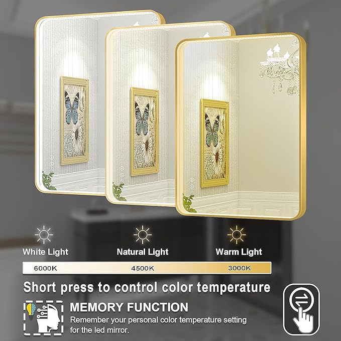 LED Bathroom Mirror with Lights, 24x32 Inch Gold Metal Framed LED Mirror for Bathroom, 3 Colors and Stepless Dimmable Wall Mounted Lighted Bathroom Vanity Mirror, Anti-Fog, Memory