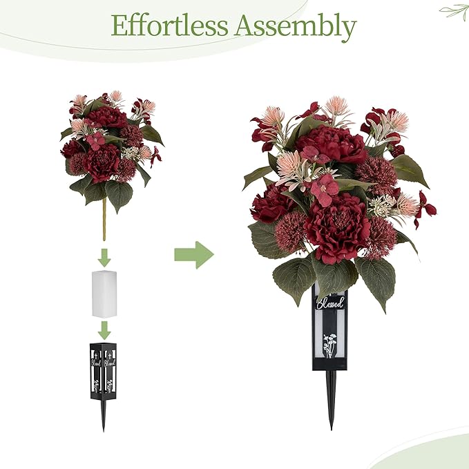 Red Cemetery Flowers for Grave: 2 Pcs Peony Grave Flower Bouquets for Cemetery Decorations - Christmas Outdoor Gravesite Flowers with Vase
