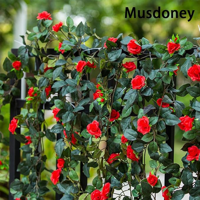 Musdoney 4Pcs 32.2 FT Fake Rose Vine Flowers Plants Artificial Flower Garland Hanging Rose Ivy Home Hotel Office Wedding Party Garden Craft Art Decor (Red)