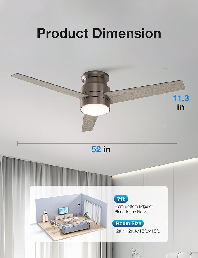 warmiplanet Flush Mount Ceiling Fan with Lights Remote Control, 52-Inch, Antique Nickel, 3-Blades
