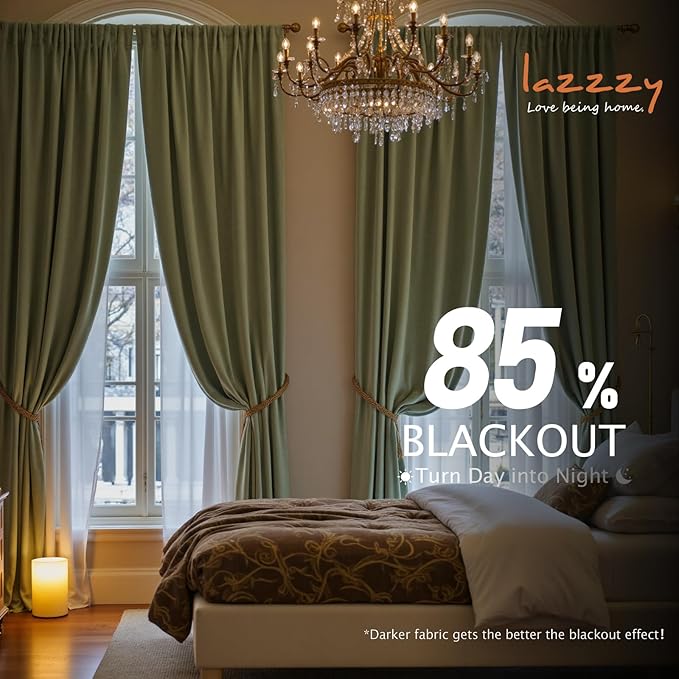 Lazzzy Velvet Blackout Curtains Thermal Insulated Room Window Drapes Super Soft Luxury Curtains for Living Room Bedroom Rod Pocket 2 Panels, Olive Sage, 52" W x 102" L