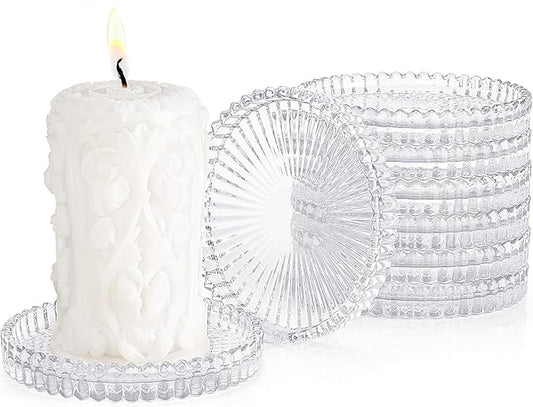 Glass Candle Holders, GOH DODD Set of 8 Crystal Pillar Plates Modern Coasters for Drinks, Centerpiece, Home Decor, Kitchen, Living Room, Patio, Wedding, Halloween, Christmas, Party, Clear