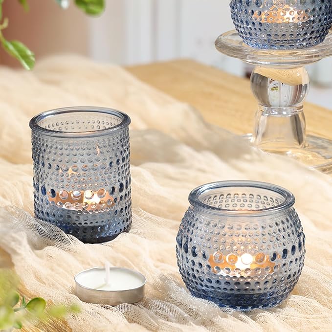 16 Pcs Assorted Blue Votive Candle Holders- Tea Light Candle Holder Glass for Wedding Bridal Shower Table Decor, Blue Candle Holders for Fall, Thanksgiving, Vintage Wedding Table Decor