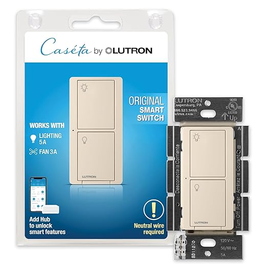 Lutron Caseta Original Smart Light Switch (Lutron Smart Hub Required), for Home, LED Lights, and Fans, 6 Amp, Single-Pole/3-Way, Neutral Required, PD-6ANS-LA, Almond