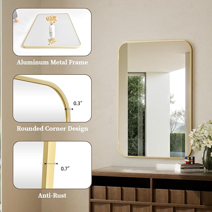 BEAUTYPEAK 24" x 36" Rectangular Aluminum Alloy Frame Wall Mounted Bathroom Mirror with Rounded Corners, Gold