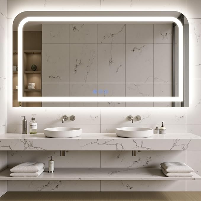 LED Bathroom Mirror, 55"x 30" LED Mirror with Lights for Bathroom, Lighted Vanity Mirrors for Wall, Anti-Fog, Dimmable, Tempered Glass, Memory Function, 3 Colors, Safe Use (White)