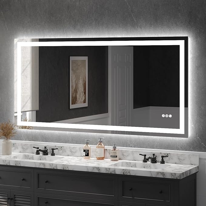USHOWER LED Bathroom Mirror 72x36 Inch Tempered Glass - Frameless LED Backlit Lighted Mirror for Bathroom Vanity with Anti-Fog, 3 Colors Dimmable, Memory Function, Wall-Mounted