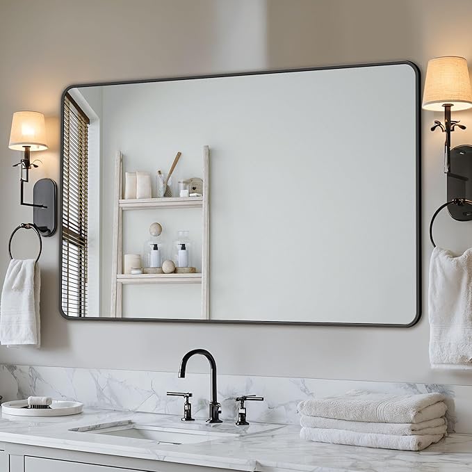 Antok Bathroom Mirror,60"x30" Wall Mirror, Decorative Mirrors Vanity Mirror Aluminum Alloy Frame Contemporary Hanging Mirror for Living Room Bathroom Entryway,Black,Round Corner