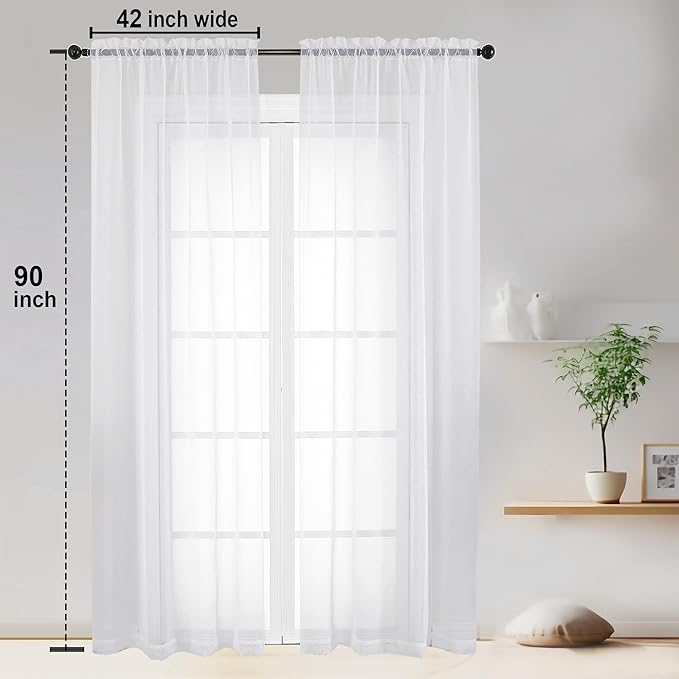 OWENIE Sheer White Curtains, Sheer Curtains 90 inches Long 2 Panels Set, Rod Pocket Voile Fimly Sheer Drapes for Living Room/Bedroom, 2pcs, Each 42" W x 90" L