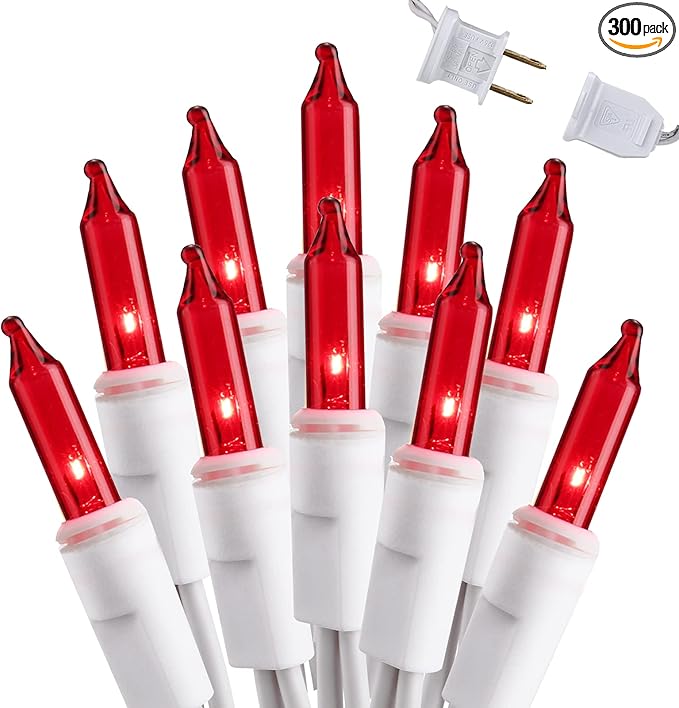 Brizled Red Christmas Lights, 300 ct 69.6ft Incandescent Christmas Lights plugin, Connectable 120V UL Certified Mini Xmas String Light for Halloween, Xmas, Indoor, Party, Porch Decor, White Wire