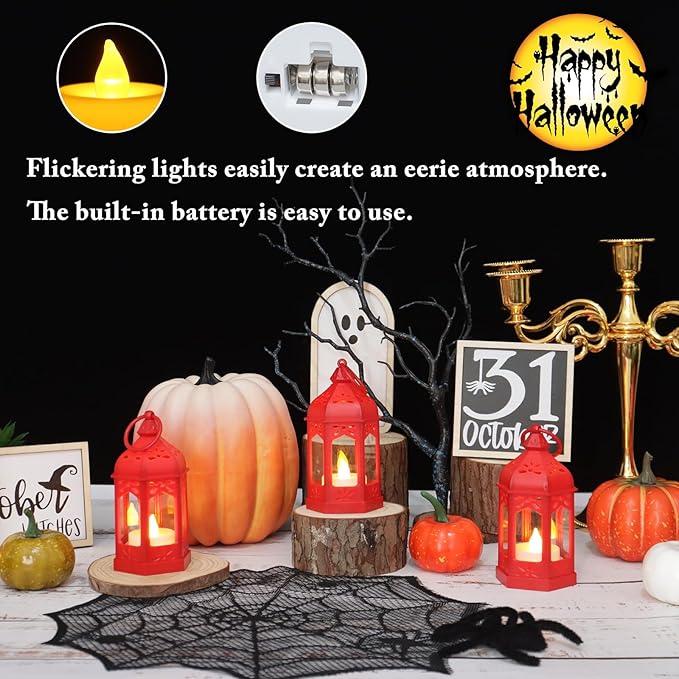 LLQ 8 Pcs Mini Lantern Decor Moroccan Lantern with Flickering LED Candle Table Centerpiece Small Vintage Christmas Hanging Lamp Ornaments Bulk for Wedding Halloween Christmas Party (5 Inch,Red)