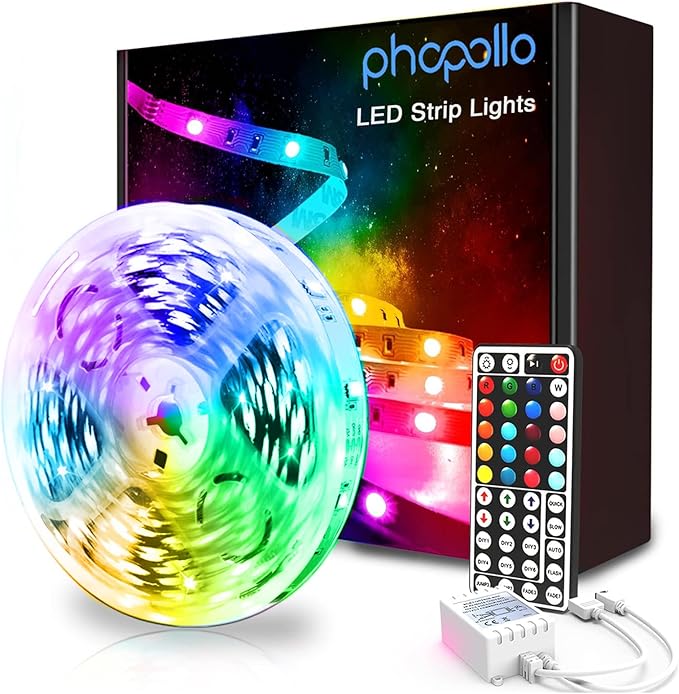 phopollo LED Strip Lights 32.8ft, Color Changing LED Lights for Bedroom, Kitchen, Cabinet Decoration, with 12V Power Supply and 44-Key Remote