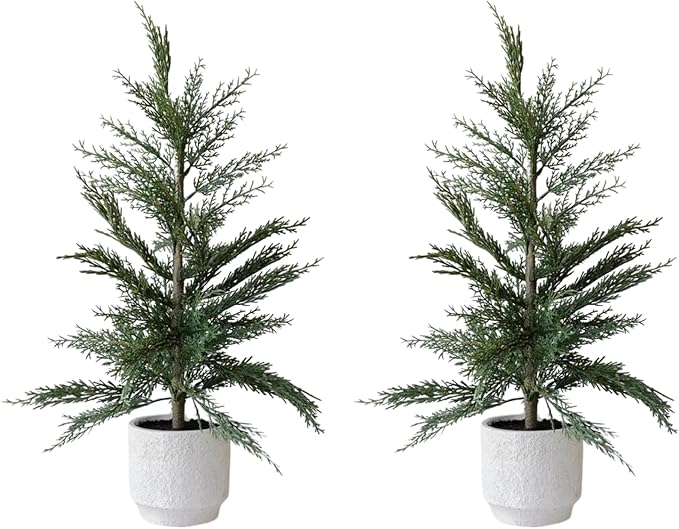 CG Hunter Holiday Collection, Set-of-2 Faux Cedar Trees, Premium Artificial Indoor & Outdoor Cedar Tree Stands 24" Tall in Creme Pot–Perfect Christmas Decoration