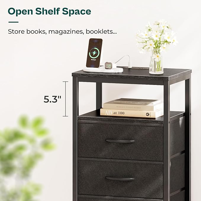 Huuger Nightstand with Charging Station, 27.6 Inch Side Table with Fabric Drawers, End Table Bedside Table with USB Ports and Outlets, Night Stand for Bedroom, Black