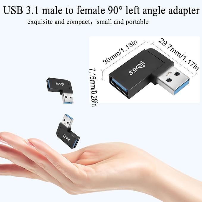 QIANRENON USB 3.1 90°Angle Adapter 10Gbps USB 3.1 Male to Female Left Angle L-Shaped Connector USB A 3.1 Data Transfer Converter Coupler, 2PCS(Left Angle Side Bend)