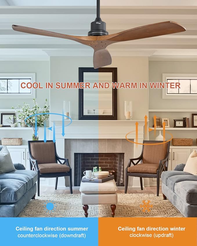 Sofucor 52 inch Ceiling Fan No Light, Solid Wood Indoor/Outdoor Ceiling Fans Without Lights, Remote Control, Reversible DC Motor, 3 Blade Low Profile Ceiling Fans for Patios, Bedroom, Farmhouse