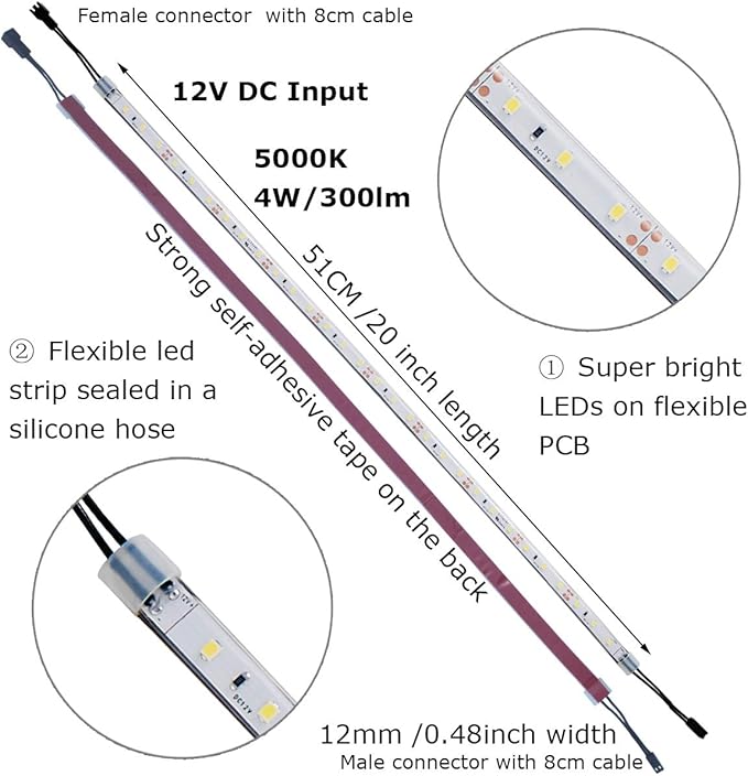 Litever Under Cabinet Light, 6 PCS 20 Inches Flexible LED Strips with Power Adapter, 24W,1800 Lumen, Daylight 5000K. Suitable for Kitchen Cabinets, Counters, Under Shelf, Closets (6-Strip-5000K)