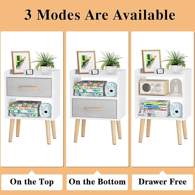 LUCKNOCK White Night Stand with Drawer, Mid Century Modern Bedside Table, Sturdy Wood Nightstand with Open Storage Shelf, Small Bedside Table for Bedroom, Kids Room & Small Spaces.