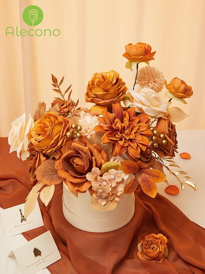 Alecono Artificial Flowers, Orange Fake Flowers for DIY Fall Wedding Bouquets, Wedding Cake Flowers for Table Centerpieces Baby Shower Birthday Party Home Decorations