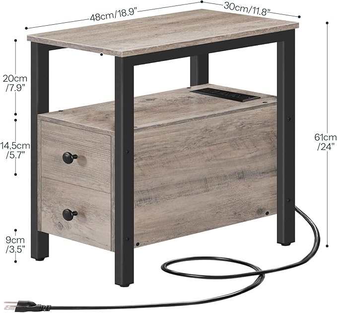 HOOBRO Set of 2 End Tables with Charging Station, Narrow Side Table with Drawers & USB Port & Power Outlets, Nightstand for Small Spaces, Living Room, Stable, Greige and Black BG541BZP201