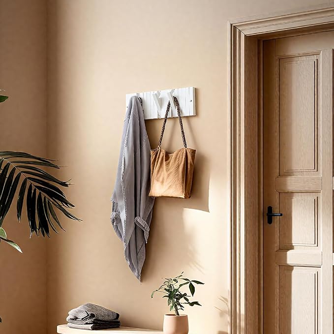 Coat & Hat Hooks Wall Mount with Key Holder, Wall Mounted Coat Rack with 9 Retractable Hangers, Solid Wood Slim Key Holder for Entryway Decor, 17in Natural Finish