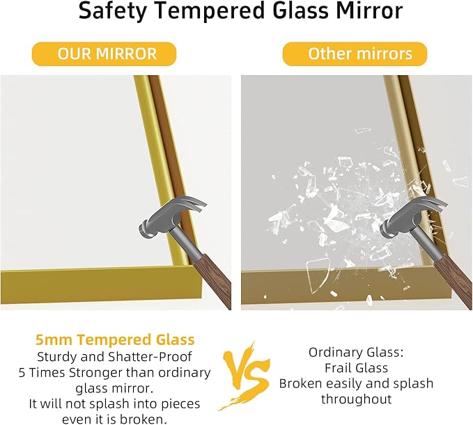 48x30 Inch Gold Bathroom Mirrors for Over Sink, Rectangle Vanity Mirror, Metal Framed Mirrors for Wall, Tempered Glass, Anti-Rust,Wall Mounted Horizontal/Vertical