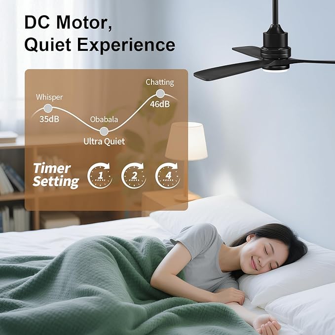 Obabala 52inch Ceiling Fan with Light and Remote Control Outdoor Ceiling Fan with 3 Blades Wood Reversible DC Motor for Patio, Porch, Bedroom, Living Room (Black)