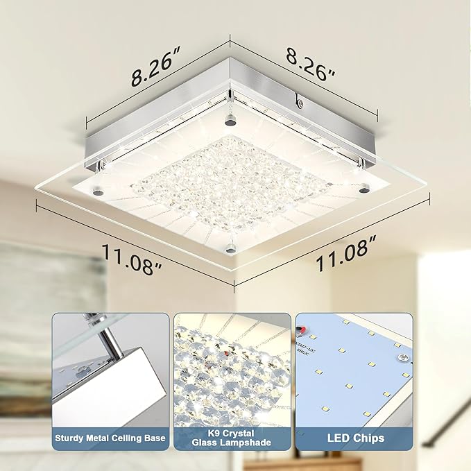 Flush Mount Ceiling Light 11IN Hallway Light Fixtures Ceiling Square Crystal Ceiling Light Fixture Dimmable Light Fixtures for Kitchen, Bathroom, Bedroom, Hallway Ceiling Lights