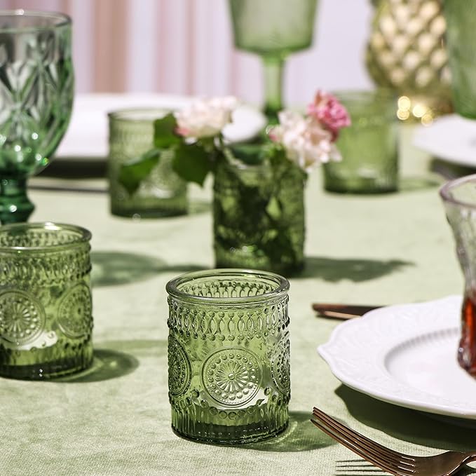 DEVI 24pcs Green Votive Candle Holders for Wedding, Glass Tea Lights Candle Holder, Green Baby Shower St. Patrick's Day Table Decor, Vintage Depression Glass Candle Holders for Table Centerpiece
