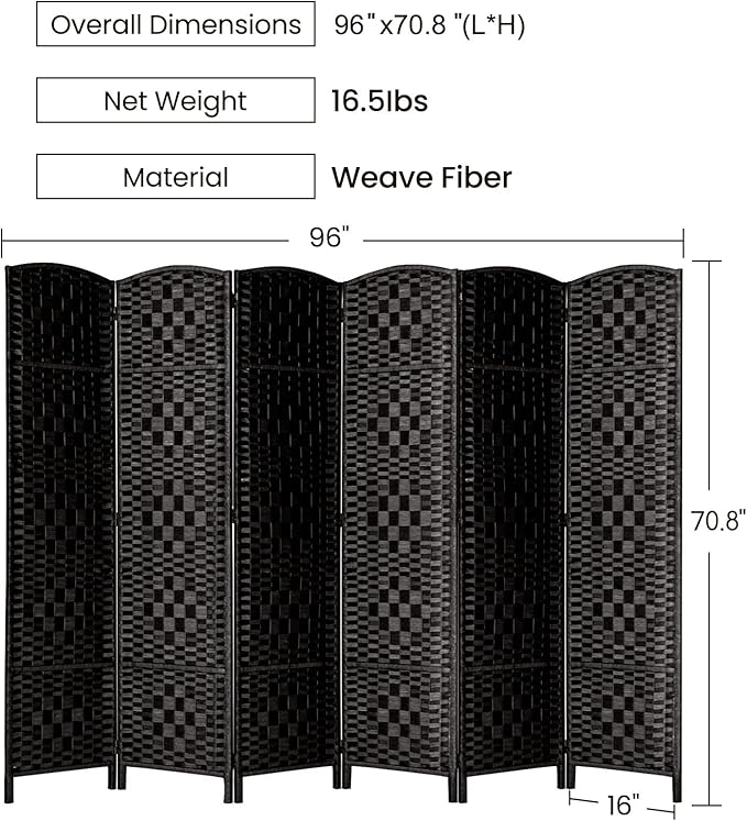 Rose Home Fashion Room Divider, 6 ft Tall Room Dividers and Folding Privacy Screens, 16in Privacy Screen 6 Panel Black Space Temporary Wall Foldable Partition Separation