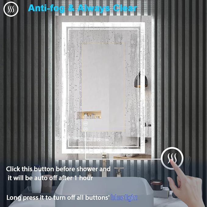 24x32 Inch LED Mirrors for Bathroom, Threefold Brightness 2 Front Lights + 1 Back Lit Mirrors for Bathroom Wall Restroom with Anti-Fog, 3Colors Stepless Adjusted, Safer Tempered Glass, Memory Function
