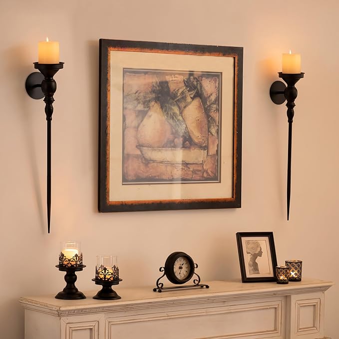 Black Wall Candle Holder Decor - 24.4 Inch Long Metal Gothic Wall Art Decor for Halloween Bedroom Living Room - Candle Sconces Set of 2 for Porch Hallway Entryway Beside TV