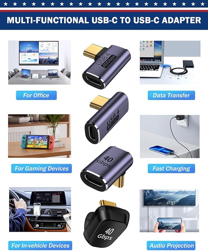 90 Degree Right Angle USB C Adapter 40Gbps Data Transfer USB 4.0/Thunderbolt 4 Type C Male to Female Connector Extender for Mobile Phone, Switch, Steam Deck, Tablet, Laptop (20 Pack)