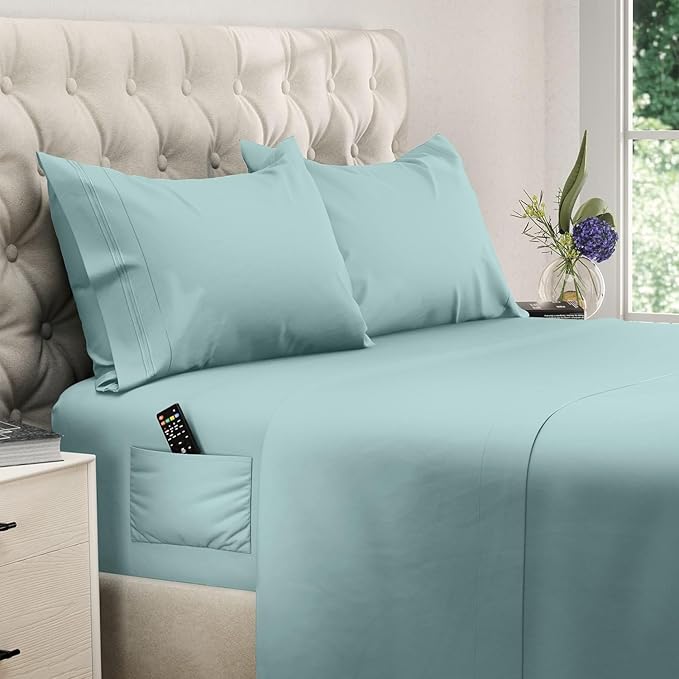 DREAMCARE King Size Sheets Set – 4 pcs Cooling Sheets – up to 21” Deep Pocket King Sheet Set – Hotel Luxury Sheets & Pillowcases – Superior Softness 100% Microfiber with Side Pocket - Spa Blue