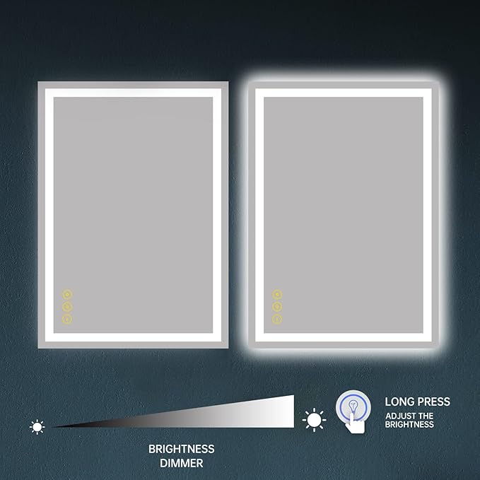 Wall-Mounted LED Square Bathroom Mirror, Makeup Mirror (36 inches x 24 inches,) 3 Color Stepless Dimmable Memory Bathroom Vanity Mirror with Lights CRI90+ 3000-6400K Smart Mirror with Touch