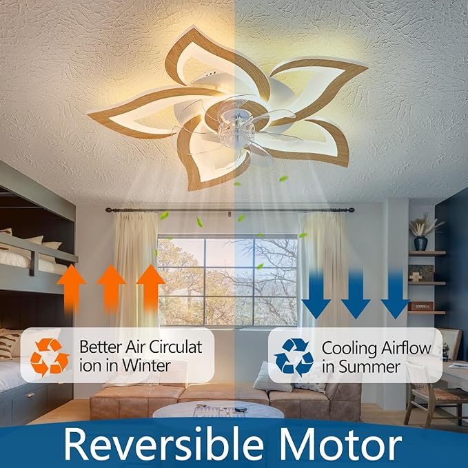 24" Wooden Geometric Ceiling Fan with Lights Remote Control, 3 Light Color 6 Speeds Low Profile Flush Mount Ceiling Fan for Kitchen Bedroom Living Room