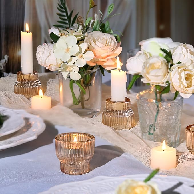 12pcs Gold Glass Candlestick Holders, Taper Candle Holders Tea Light Candle Holder for Wedding Centerpieces Table Decorations, Votive Candle Holders for Table Decor