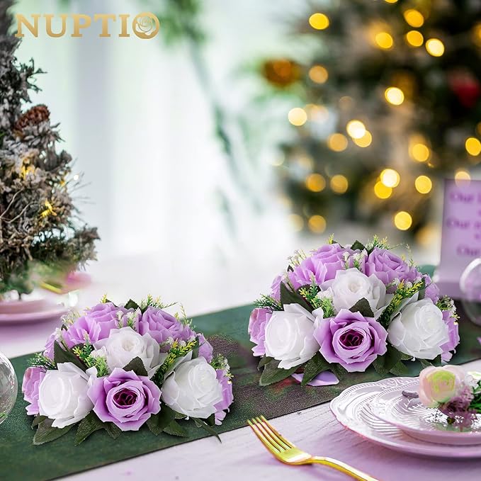 NUPTIO Flower Wedding Centrepieces for Tables - 2 Pcs 9.5in Diameter Lilac & White Artificial Flowers Rose Ball for Centerpieces Table - Fake Rose Arrangements for Weddings Birthday Party Decor