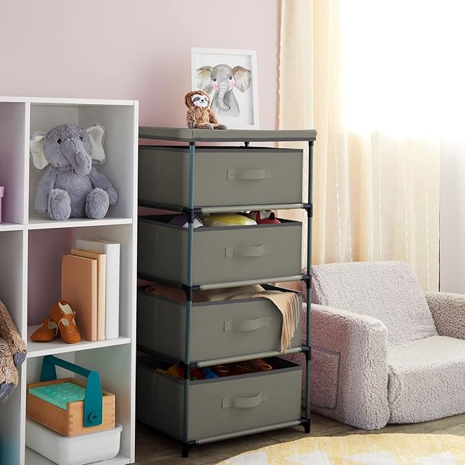 Juvale 4-Tier Dresser for Bedroom - 16.5 in x 13 in x 33 in, Light Gray Fabric, 4 Drawers - Narrow Closet Storage Drawers & Organizer - Steel Frame & Easy Assembly