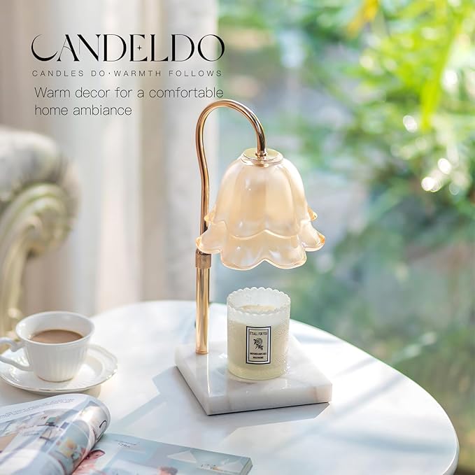 Candle Warmer Lamp with Timer: Flower Candle Warming Lamp with Marble Base Height Adjustable Wax Warmer Dimmable Modern Kitchen Bathroom Decor Mom Birthday Gift for Grandma