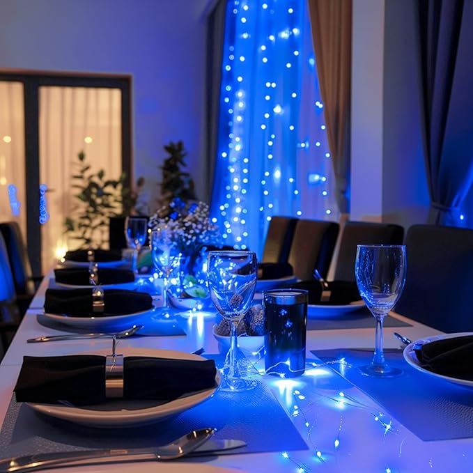 JMEXSUSS 4 Pack 50 LED Fairy Lights Battery Operated Silver Wire 16.1ft Waterproof Blue Christmas Lights for Party Wedding Indoor Outdoor Decorations