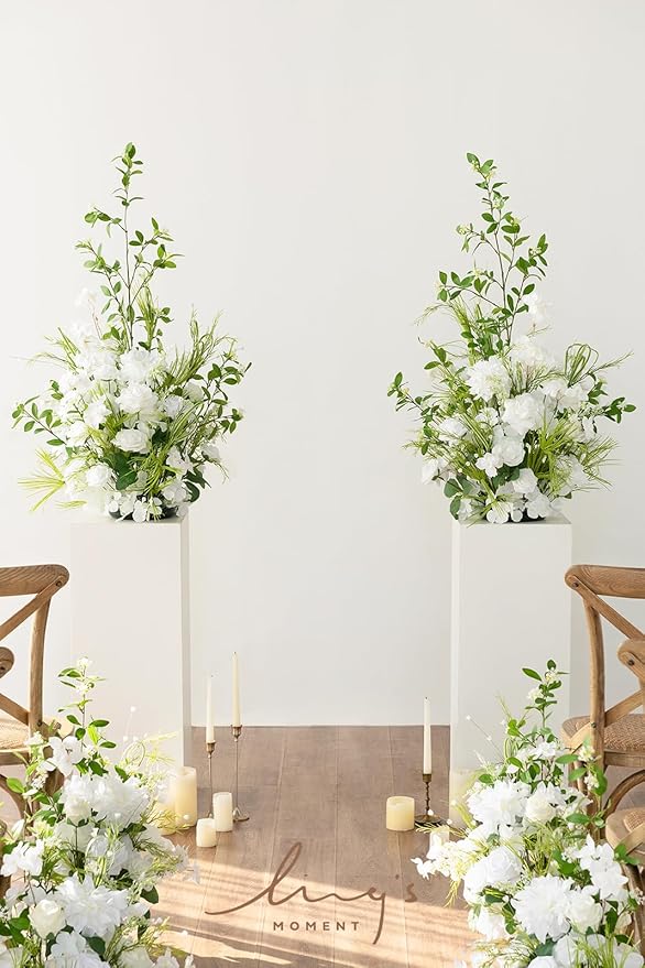 Ling's moment 41.0" Tall Free-Standing Wedding Aisle Artificial Flowers for Ceremony Decor, 2PCS White Walkway Floral Chair Markers, Faux Rose Altar Arch Arrangement Spring Decorations Outdoor
