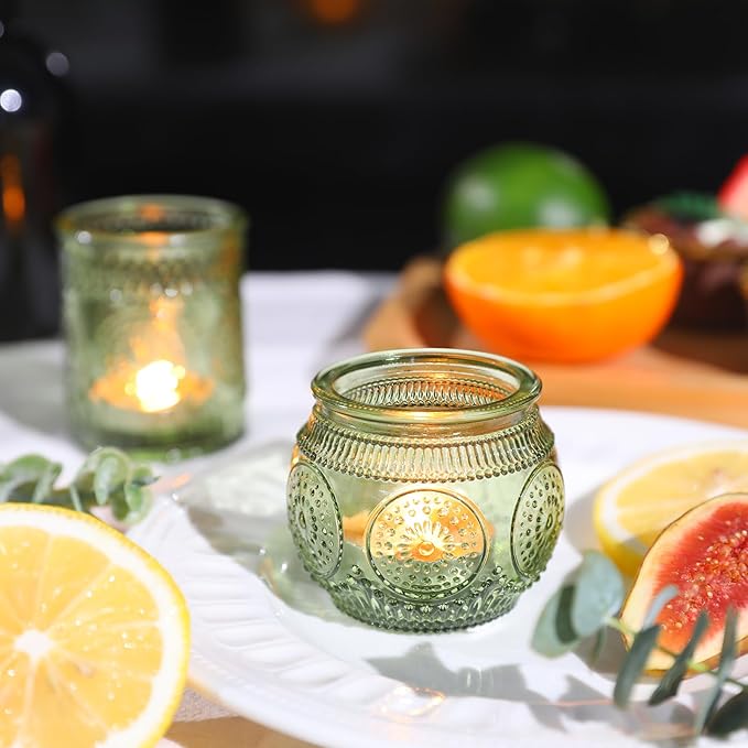 12pcs Assorted Green Votive Candle Holders for Wedding Table Decorations, Glass Tea Lights Candle Holder for Bridal Shower, Baby Shower Decrations, Boho Tea Party Decor, Wedding Party Gifts for Guests