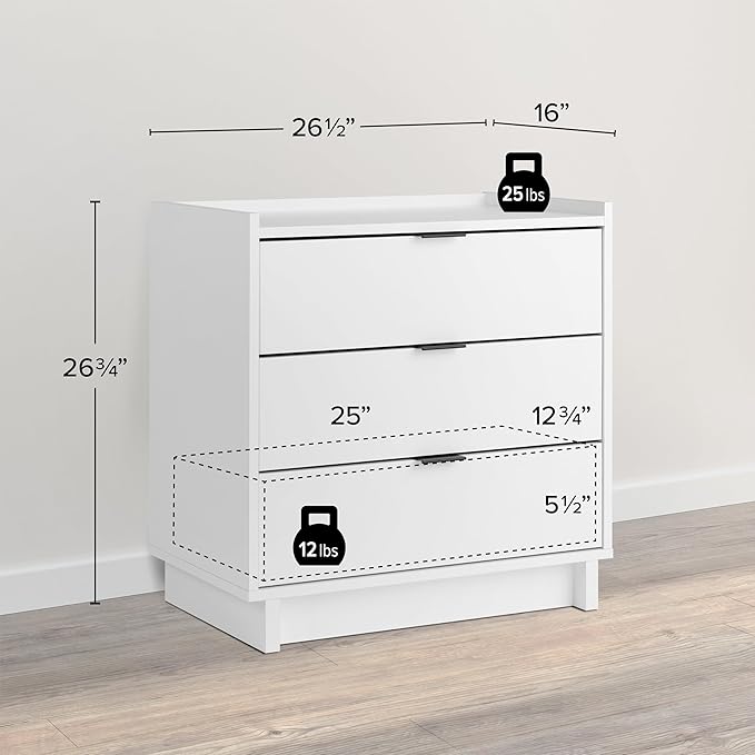 Prepac Simply Modern Nightstand Bedside Table, White Nightstand for Bedroom, End Table with 3 Drawers 26.5" W x 26.75" H x 16" D