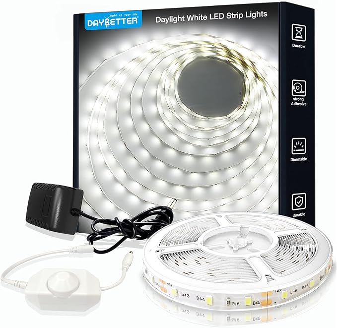 DAYBETTER White LED Strip Light, 20 ft Dimmable Bright Rope Lighting, 6500K 24V Strips, 360 LEDs 2835 Tape Lights for Bedroom, Kitchen, Mirror, Home Decoration(1 Roll)