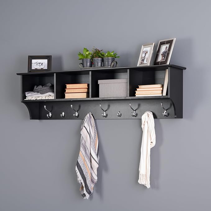 Prepac 60" Contemporary Wall Mounted Coat Rack, Coat Hooks Wall Mount with 4 Shelves, Ideal for Hallway or Entryway Storage Solution, 11.5"D x 60"W x 16.5"H, Black