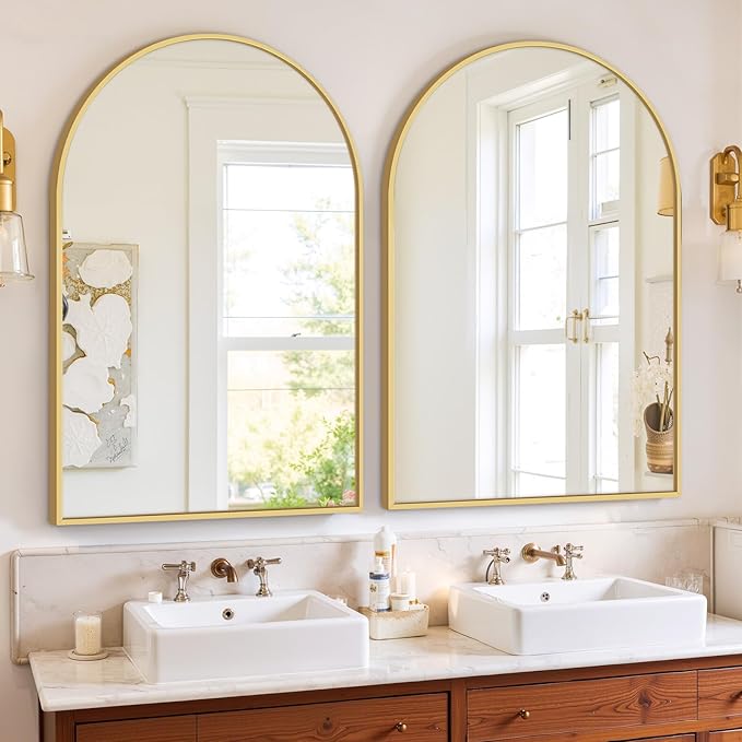Sweetcrispy Arched Bathroom Mirror 38x26 Inch Gold Metal Framed Arch Vanity Mirror for Wall, Over Sink, Farmhouse, Restroom, Anti-Rust, Modern Decorative, Hanging or Leaning