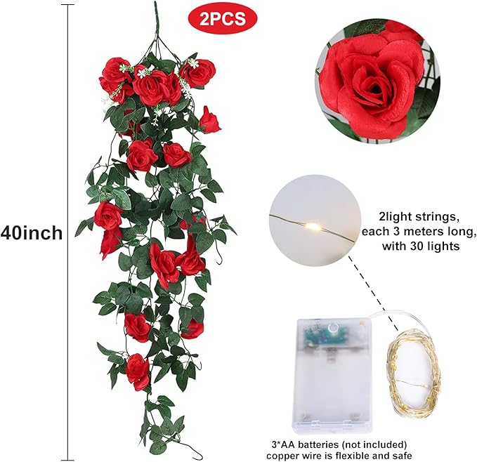 RECUTMS Hanging Flowers Artificial Hanging Rose Flower 2PCS 3.3Ft for Outdoors with 30 LED Fairy String Lights for Indoor Wall Wedding (Red)
