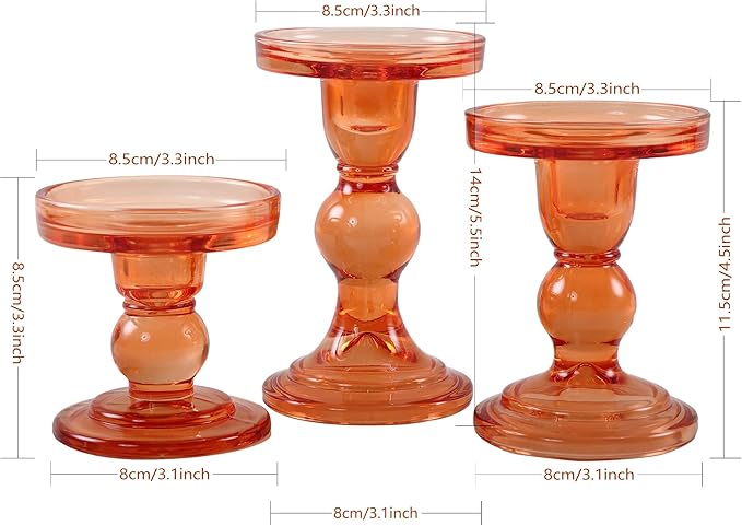 GMWD 3 Pcs Glass Candle Holder Set Clear, Orange Rose Candlesticks Holders Pillar Taper Candles Tealight Stand for Wedding Centerpieces Home Decorations Dining Table
