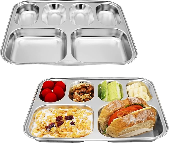 Korean Stainless Steel Divided Plates, Food Grade 304 Tray for Kids, Teens, Adults, Picky Eaters, BPA Free, 6 Sections, Diet Portion Control, Serving Platter, Dinner Snack, Set of 2